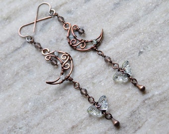 Aquamarine & Smoky Quartz Moon Earrings, Butterfly Moon Earrings, Copper Moon Earrings, Moon and Butterfly Earrings