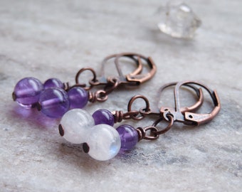 Rainbow Moonstone & Amethyst Earrings, Copper and Moonstone Earrings, Copper and Amethyst Leverback Earrings