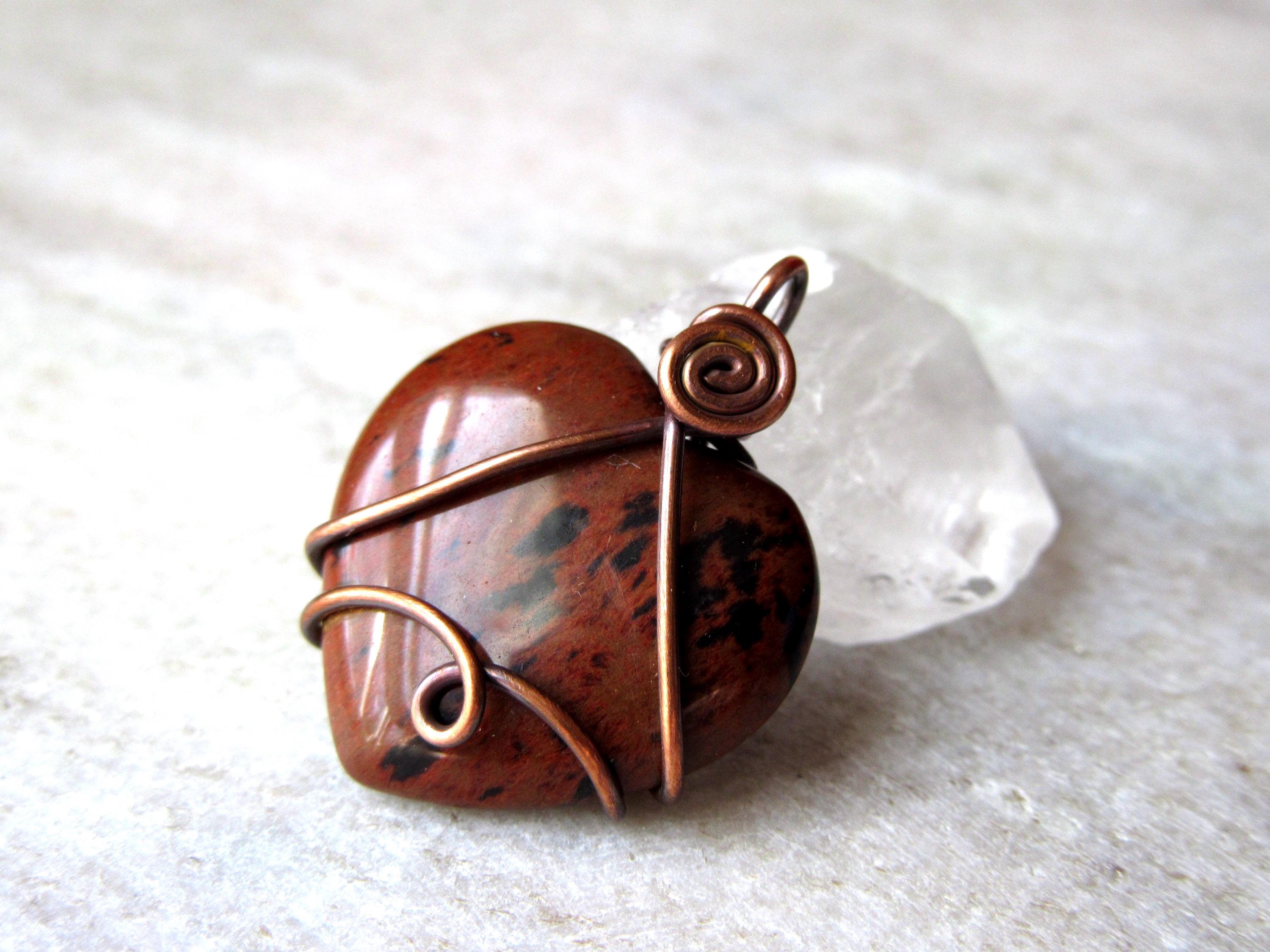 Mahogany Obsidian heart shape necklace on cord. $2 Mahogany Obsidian Copper Gift For Sister Wire Wrapped Tree  main image 3