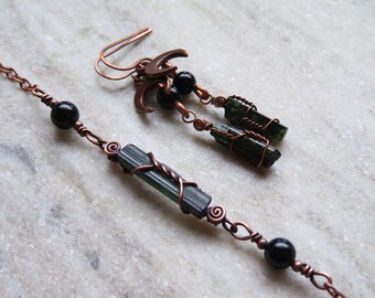 Tourmaline Crystal Choker and Earrings Set Black Tourmaline & Copper Choker, Protection Crystal Jewelry Set, Green Tourmaline Necklace