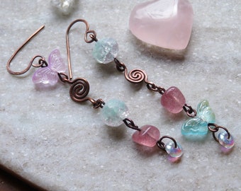 Pink & Blue Asymmetrical Butterfly and Crystal Earrings, Asymmetrical Copper Earrings, Strawberry Quartz Earrings, Pink and Blue Earrings