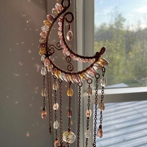 Starry Pink Princess Copper Mooncatcher, Glass & Strawberry Quartz Suncatcher, Pink and Golden Moon Decor, Moon Sun Catcher, Dreamy Decor