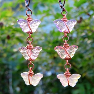 Pink & Purple Glass Butterfly Earrings, Copper Butterfly Earrings, Butterfly Dangle Earrings, Leverback Butterfly Earrings, Pink Earrings
