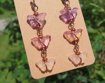 Pink & Purple Glass Butterfly Earrings, Copper Butterfly Earrings, Butterfly Dangle Earrings, Leverback Butterfly Earrings, Pink Earrings