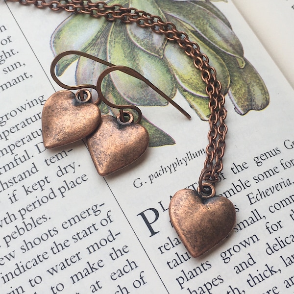 Copper Heart Charm Necklace & Earrings Set, Heart Earrings and Necklace Set, Copper Heart Earrings, Copper Heart Necklace, Minimalist Heart