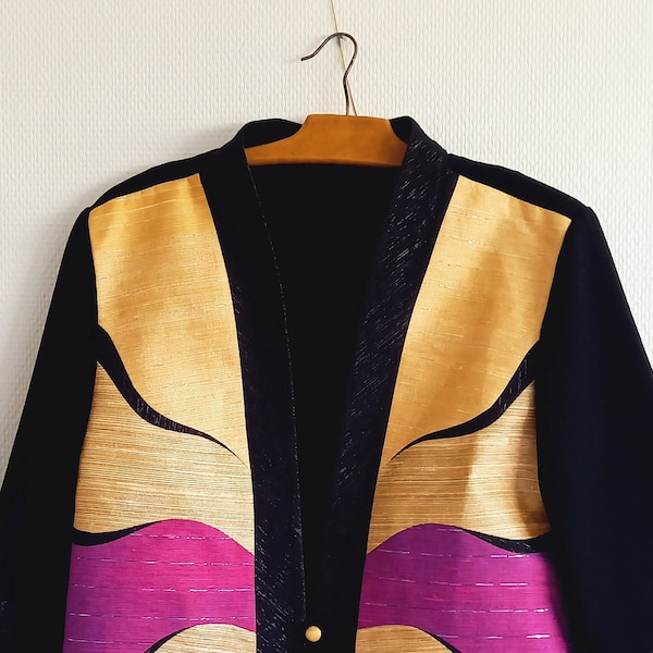 Veste ouverte Kimono courte ///Noir et motifs ///Vintage 80's///Cousu main