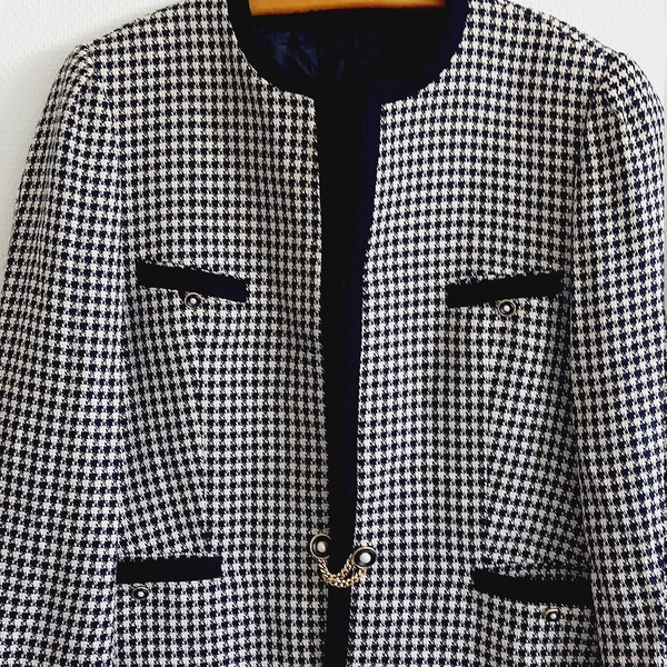 Veste rétro blazer "Delmod" ///Motif Pied de poule ///Bleu marine blanc ///Vintage années 90