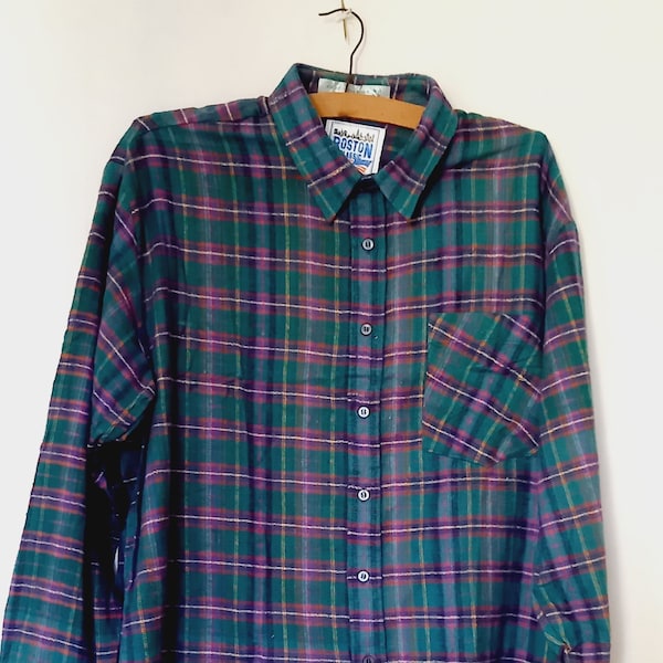 Vintage Shirt Lange Mouwen Patroon Groen Rood Geel Plaid ///Unisex