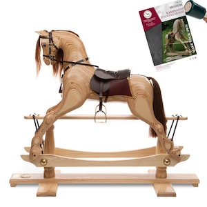 May include: A wooden rocking horse with a saddle and bridle. The horse is light brown with a dark brown mane and tail. The saddle is brown with a burgundy seat. The rocking horse is on a wooden base. A package with the text "Medium Laminated Rocking Horse" is in the background.