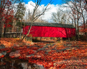 Red Covered Bridge Print,Autumn Decor,Historic Covered Bridge Art,Fall Foliage,Pennsylvania Covered Bridge Fine Art,Blue Stream,Autumnal Art