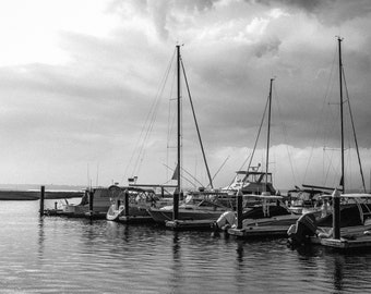 Sailboat photography,black and white,sailboats,lake house art,beach home decor,boats on the harbor,nautical art,sail boats print,coastal art