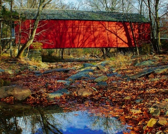 Covered Bridge Print,Fine Art Photograph,Pennsylvania Art,Bucks County,Autumn Stream Reflections,Historic Red Bridge,Landscape,Wooden Bridge