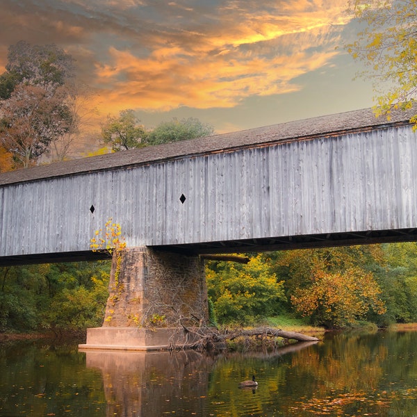 Schofield Ford Covered Bridge Bucks County, Pennsylvania Covered Bridge Fine Art Photography, Autumn Sunset Landscape Print, Nature Wall Art