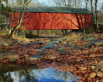 Covered Bridge Print,Red Covered Bridge Fine Art,Autumn Landscape,Autumn Home Decor,Fall Foliage,Historic  Red Covered Bridge Photography