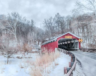 Rustic Winter Covered Bridge Print, Snowy Farmhouse Landscape, Farmhouse Wall Art, Tranquil Winter Scene, Pennsylvania Winter Landscape