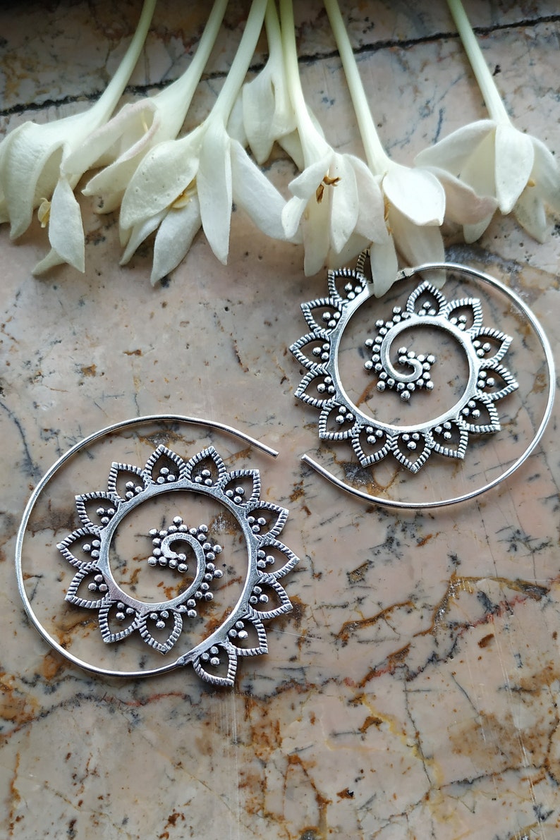 Ethnic Earrings Boho Earrings Silver Plate Spiral Flower Earrings Gypsy Earrings Funky Earrings Tribal Earrings Tribal HoopSP79P7