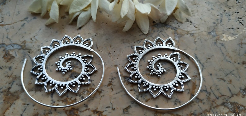 Ethnic Earrings Boho Earrings Silver Plate Spiral Flower Earrings Gypsy Earrings Funky Earrings Tribal Earrings Tribal HoopSP79P7