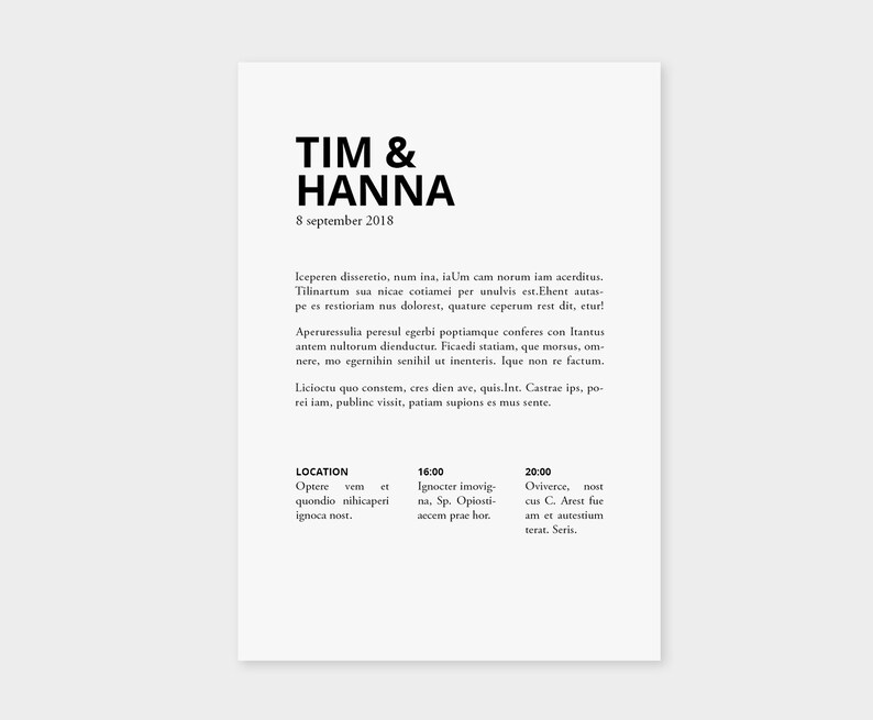 Print ready illustrated wedding invitation /'head on shoulder/' Minimal design Black and white invite