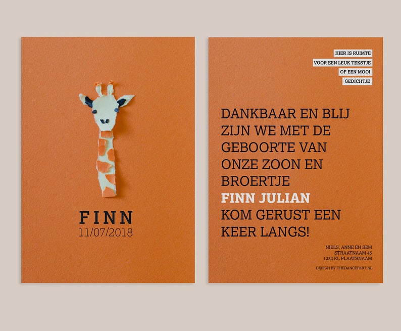 Print ready unisex birth announcement card with a giraffe Minimalistic design and typography Paper art