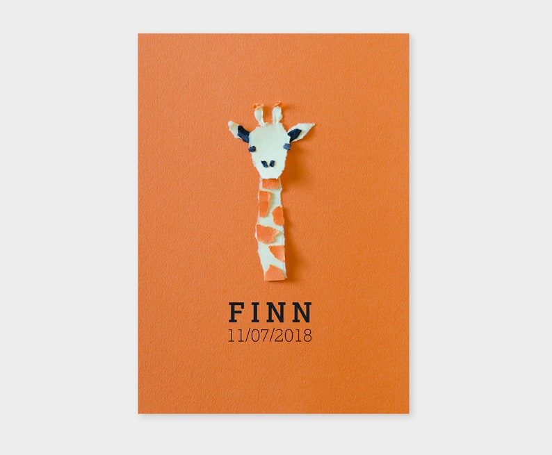 Print ready unisex birth announcement card with a giraffe Minimalistic design and typography Paper art