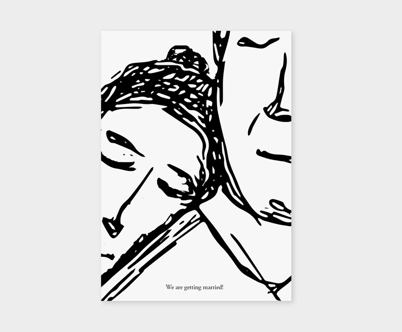 Print ready illustrated wedding invitation /'head on shoulder/' Minimal design Black and white invite