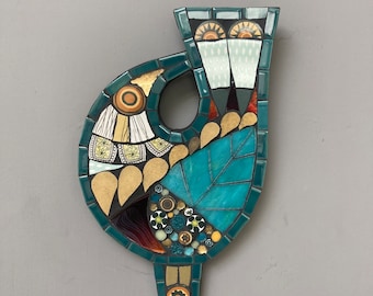 Mid-Century Style Mosaic Bird in Turquoise Glass and Retro Ceramic.