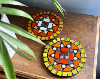 Sunny Days Mosaic Coaster Kit in Oranges and Yellows, Make it Yourself Retro Mosaic, Ideal Gift.