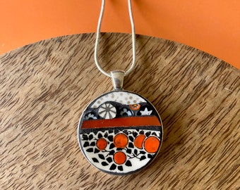 Orange Tree Pattern Mosaic Pendant. Vintage China Necklace with Millefiori Set in Round Silver Plated Bezel.