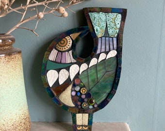 Mid-Century Abstract Mosaic Bird. Green and Lavender Art in Iridescent Glass and Ceramic.
