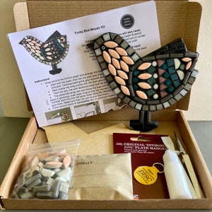 Può includere: Un kit di artigianato per creare un uccello a mosaico. Il kit include una forma di uccello in legno, un sacchetto di tessere a mosaico colorate, una bottiglia di colla, pinzette e istruzioni. Il kit include anche un piccolo sacchetto di stucco e un gancio per piatto a disco.