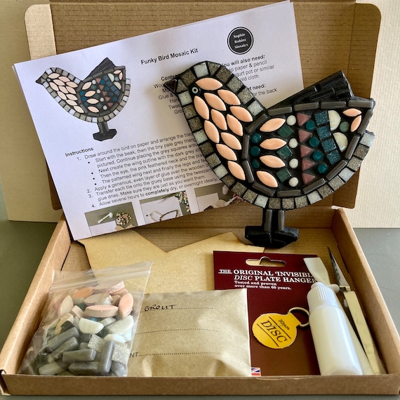 Funky Bird Mosaic Kit in Grey, Teal and Pink. Make it Yourself Craft Kit