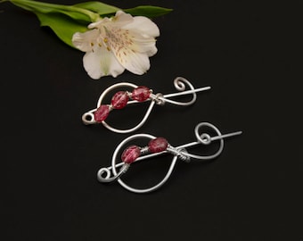 Two silver wire shawl pins ,red crackled quartz  silver wire shawl pin , sweater pin, silver wire scarf pin, cardigan pin,
