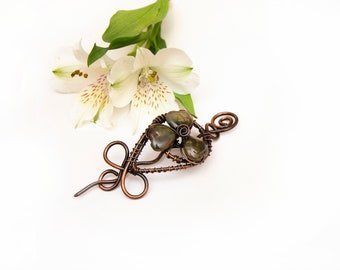 Three leaf clover design dark olive green Jasper stone Antique copper shawl pin for cardigan ,Sweater,  Knitted shawl