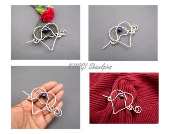 Silver heart shape Shawl Pin, Scarf Pin, Sweater Brooch, Sweater pin, silver wire Shawl brooch, dark blue shell pearl cardigan brooch