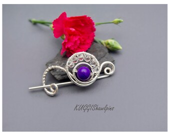 Purple Agate Silver Shawl Pin, Elegant Crystal Brooch