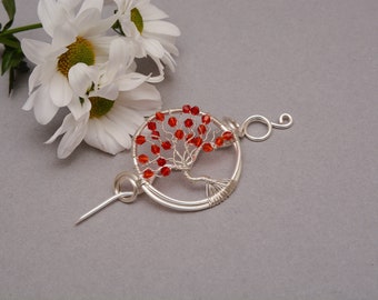 Handmade Red crystal beads  Tree of Life Shawl pin and hair slide, silver plated copper wire tree of life,