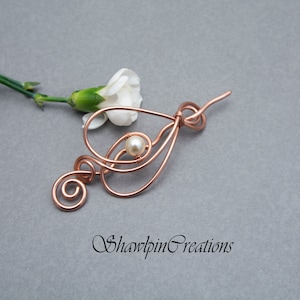 Celtic Shawl Pin, Scarf Pin, Sweater Brooch, off-white  shell pearls Shawl pin, Sweater pin, silver wire Shawl brooch,