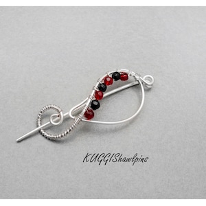 Leaf shape Silver shawl pin, black and red crystal beads silver shawl pin, brooch, Sweater Clip, Scarf Pin,