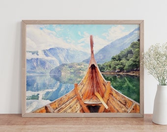 Norwegian Fjords Viking Ship Watercolor, Fjords Photo, Viking Ship, Norwegian Scenery, Viking