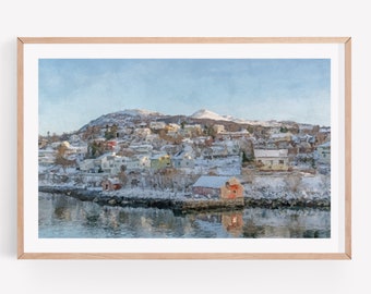 Snowy Norwegian Village Wall Art Print, Norway Art, Photography Prints, Nature Photography, Snowy Wall Art, Norway Print, Norway Landscape