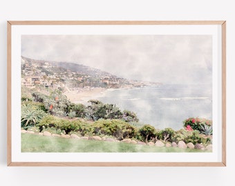 Laguna Beach Town Watercolor Wall Art, Ocean Print, Beach Town Photo, Pastel Ocean Watercolor, Watercolor Landscape
