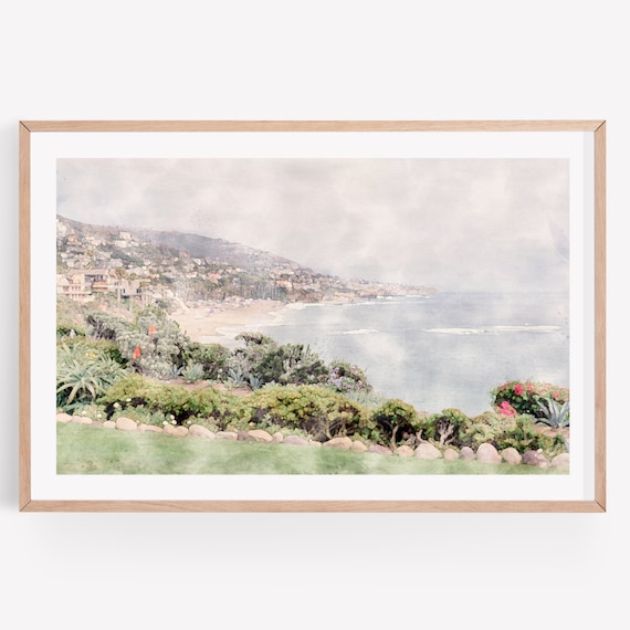 Laguna Beach Town Watercolor Wall Art, Ocean Print, Beach Town Photo, Pastel Ocean Watercolor, Watercolor Landscape