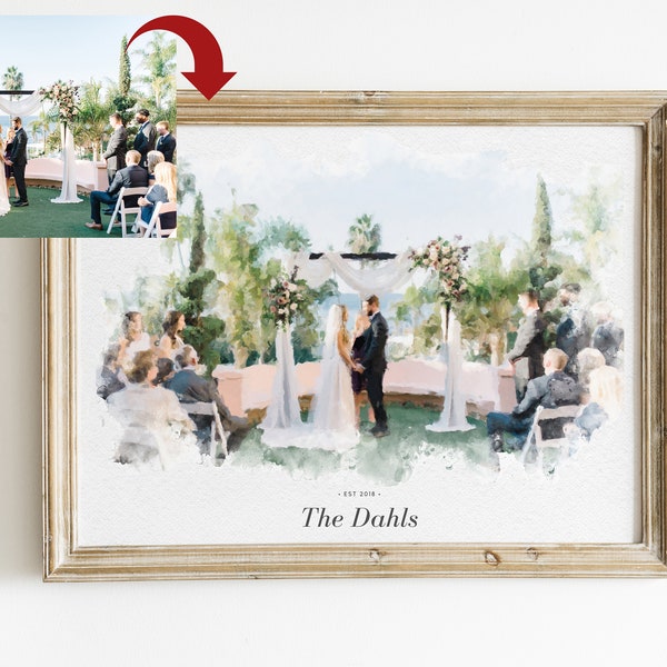 Dibujo de boda personalizado, acuarela del lugar de la boda, pintura de la ceremonia de la boda, regalo de aniversario para la esposa, regalo de boda personalizado