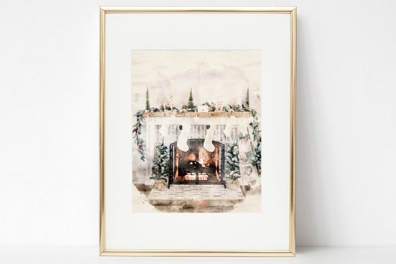 Pastel Watercolor Christmas Wall Art, Watercolor Christmas, Watercolor Holiday, Fireplace Wall Art, Print, Christmas Fireplace