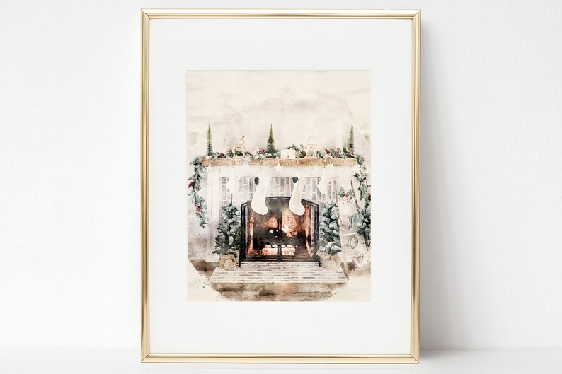 May include: A watercolor painting of a white fireplace with stockings hanging from the mantel. The fireplace is decorated with greenery and ornaments. The fire is burning in the fireplace.
