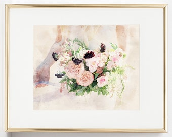 Arte de parede de flores em aquarela pastel, buquê de aquarela, arte de parede de buquê, arte de parede floral, impressão floral pastel, impressão de flor rosa blush