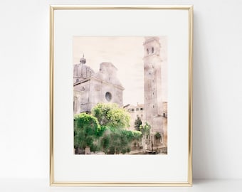 Italiaans gebouw aquarel Wall Art Print, kunst aan de muur, fotografie prints, aquarel landschap print, Italiaanse aquarel, Europese kunst aan de muur