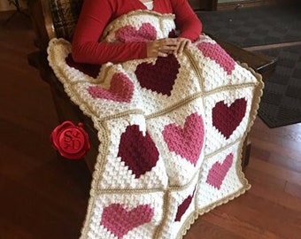 CROCHET PATTERN I Heart Valentine&#39;s Throw | Love | Heart | Lap Quilt | Corner-to-Corner | Blocks | Valentine&#39;s Day Gift | C2C