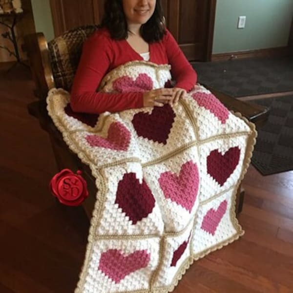 CROCHET PATTERN & VIDEO Tutorial I Heart Valentine's Throw, Love, Heart, Lap Quilt, Corner-to-Corner, Blocks, Valentine's Day Gift, C2C