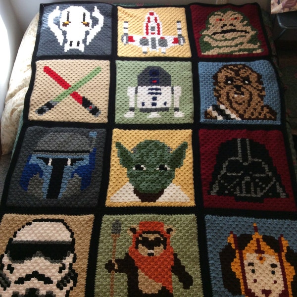 Star Wars Inspired Afghan Quilt, Colorful, Corner-to-Corner Crochet, Queen Sized, Yoda, R2D2, Chewbacca, Darth Vader, Ewok inspired